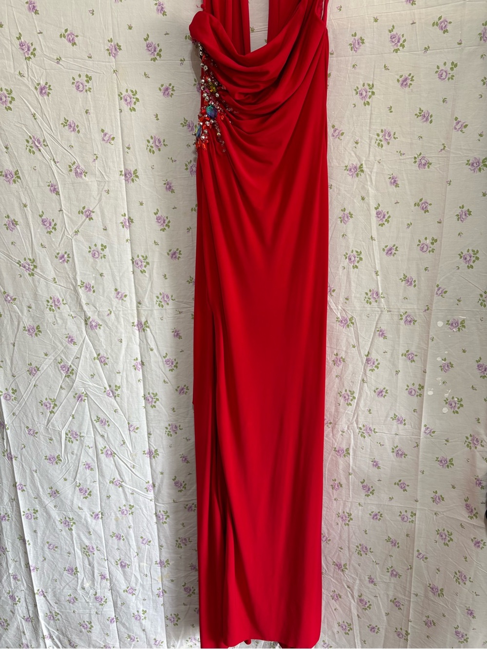Nina Red Draped Maxi Gown with Side Beaded Detail